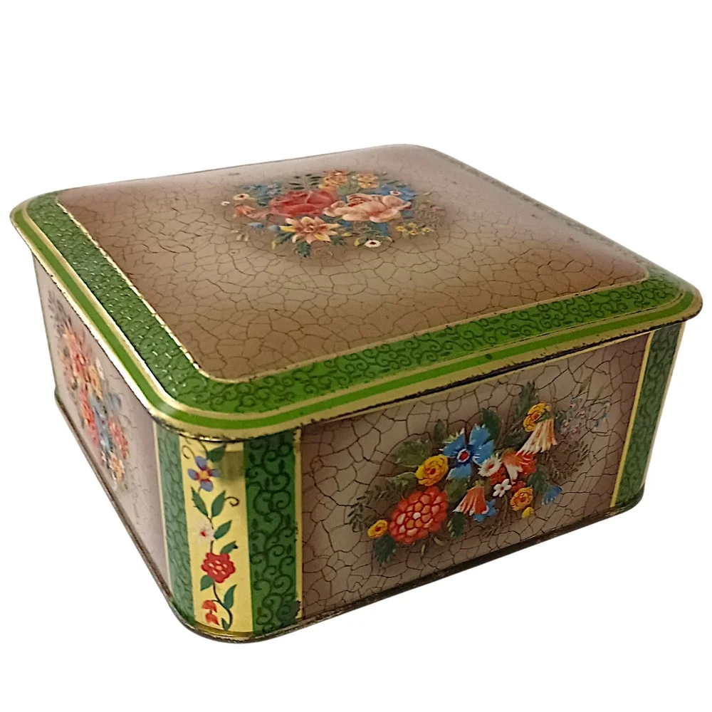 Vintage Tin Container Green Floral Hinged Square Made In Holland Victorian Style